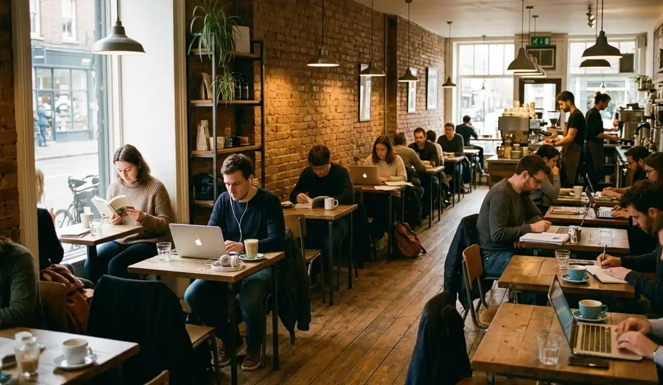 People working individually in a café with laptops and coffee.