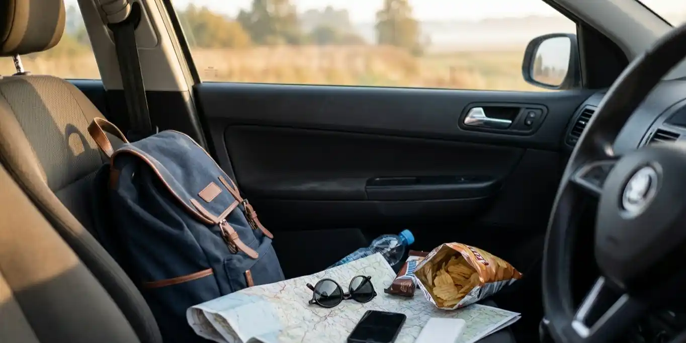 Car interior with backpack, map, sunglasses and snacks ready for a road trip.