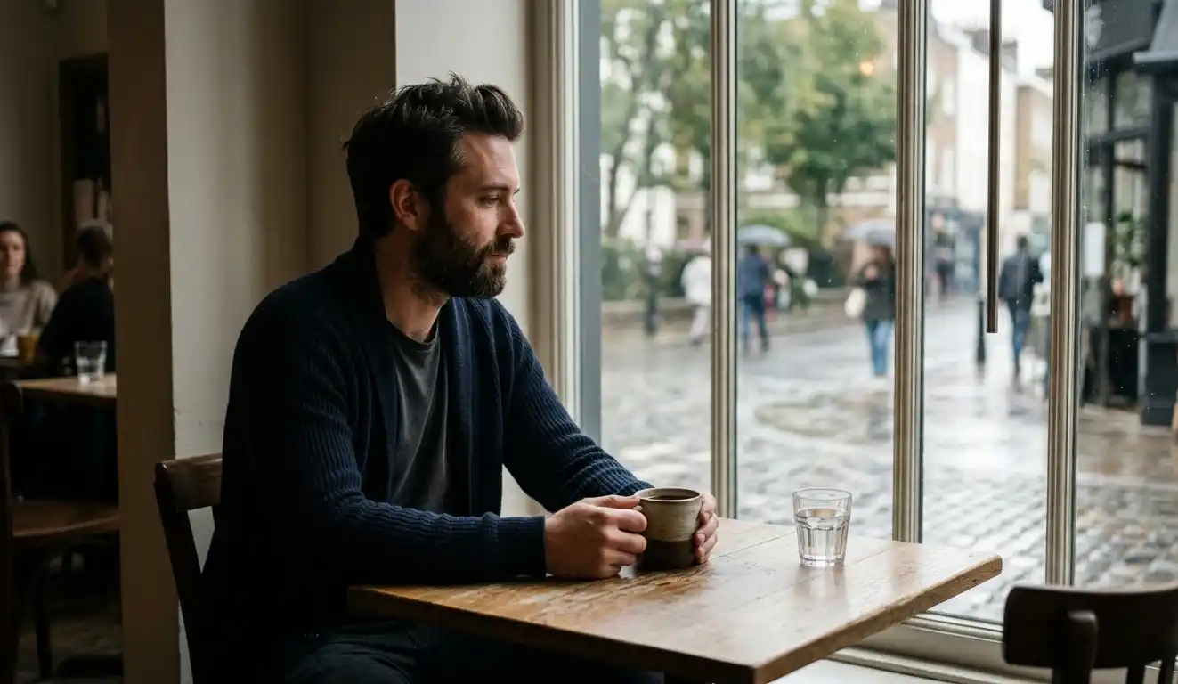 Man sitting quietly with coffee looking out of a window in soft light.