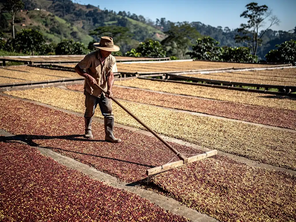 Single farmer raking coffee beans drying on a patio under the sun in Colombia.
