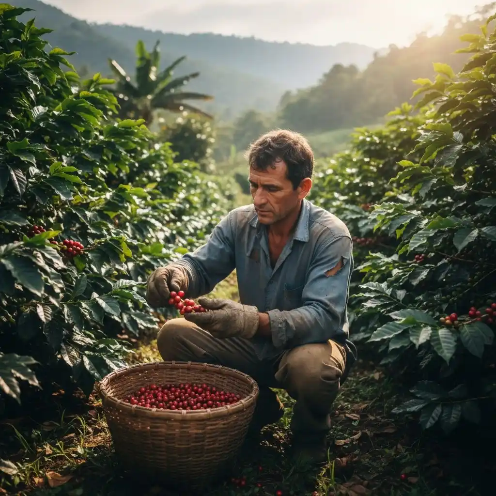 Coffee farmer hand-picking ripe cherries on a plantation in the Colombian Andes.