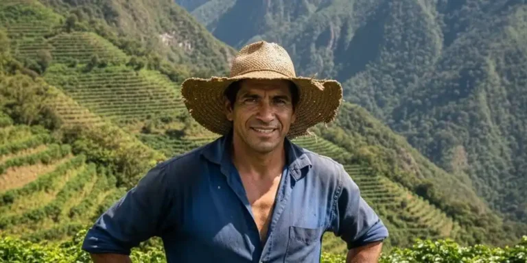 A proud farmer standing tall among green coffee rows on a steep mountain slope.