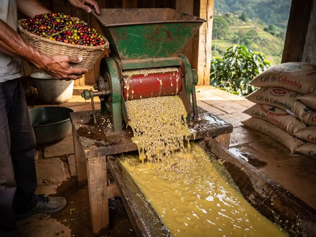 Coffee cherries being processed through a traditional pulping machine on a Colombian farm.