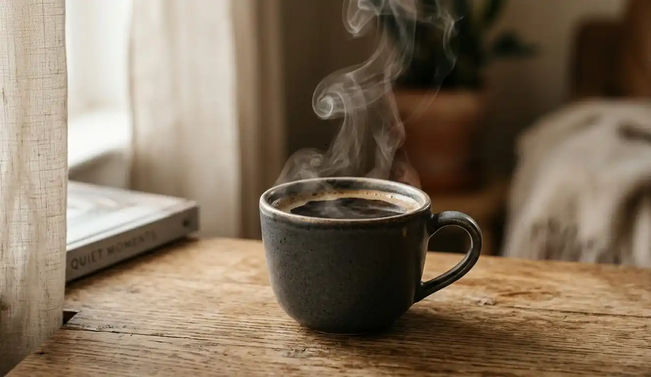 Close-up of steaming coffee in soft morning light.