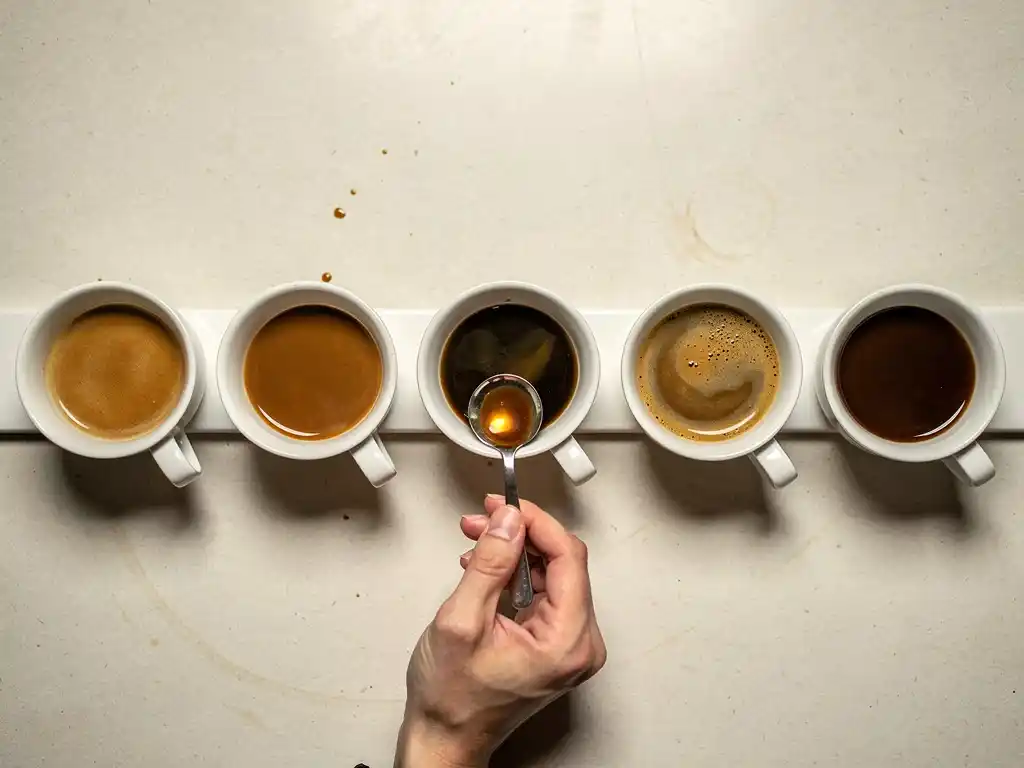 Top view of multiple coffee cups arranged for tasting with a hand holding a spoon.