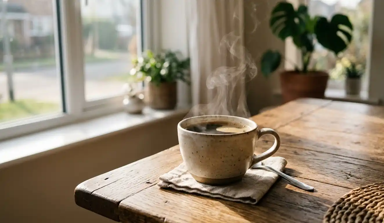 Coffee cup on a table in soft morning sunlight with steam rising.