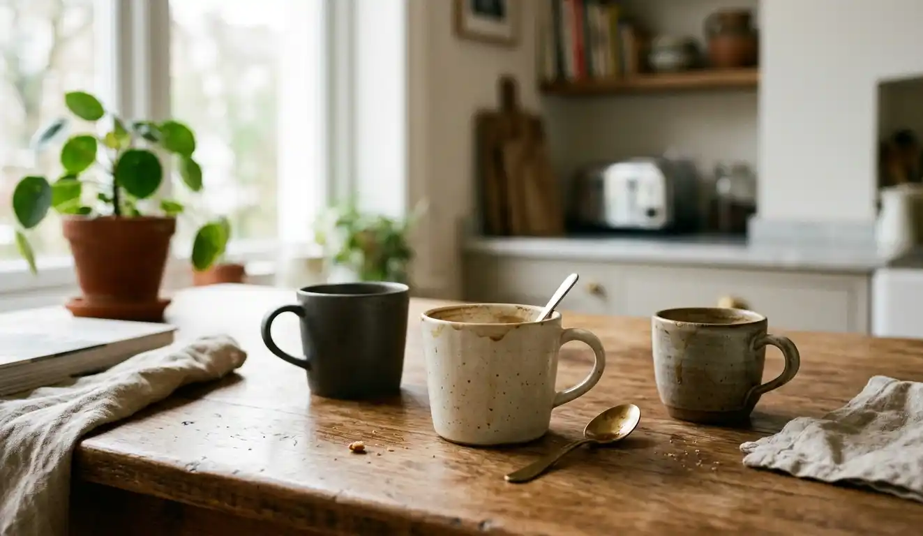 Several used coffee cups on a table in natural light.