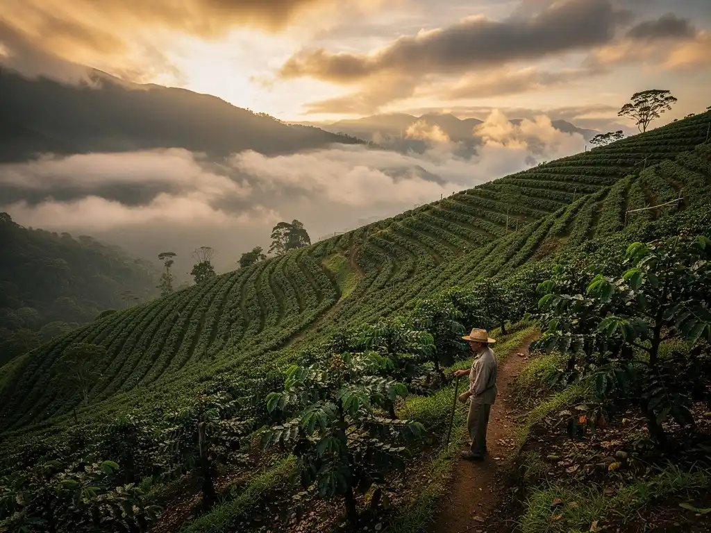 Wide view of coffee farms on steep hills in Colombia with a farmer walking through the landscape.