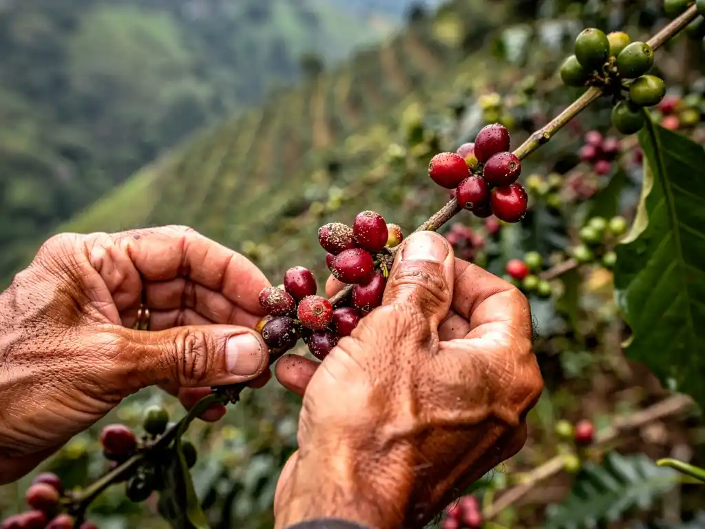 Coffee farmer hand picking ripe red coffee cherries from a branch in Colombia.