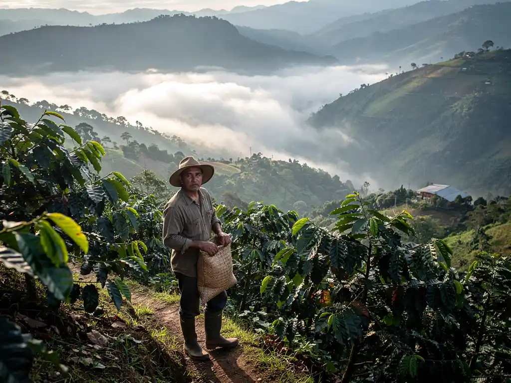 Coffee farmer standing in a mountainous coffee plantation in Colombia with misty hills in the background.