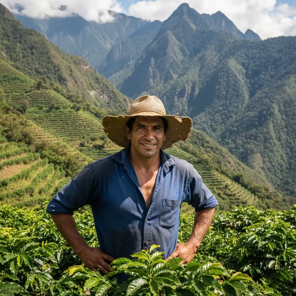A proud farmer standing tall among green coffee rows on a steep mountain slope.