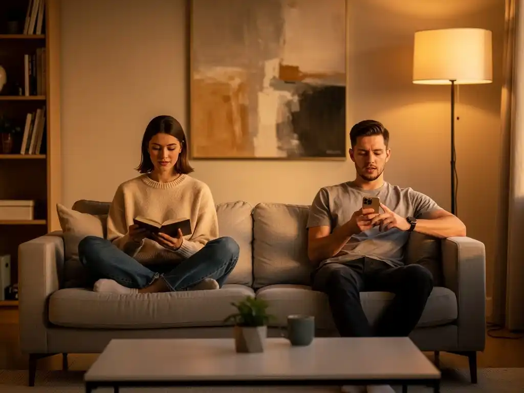 Couple sitting on sofa doing separate activities in a calm home environment.