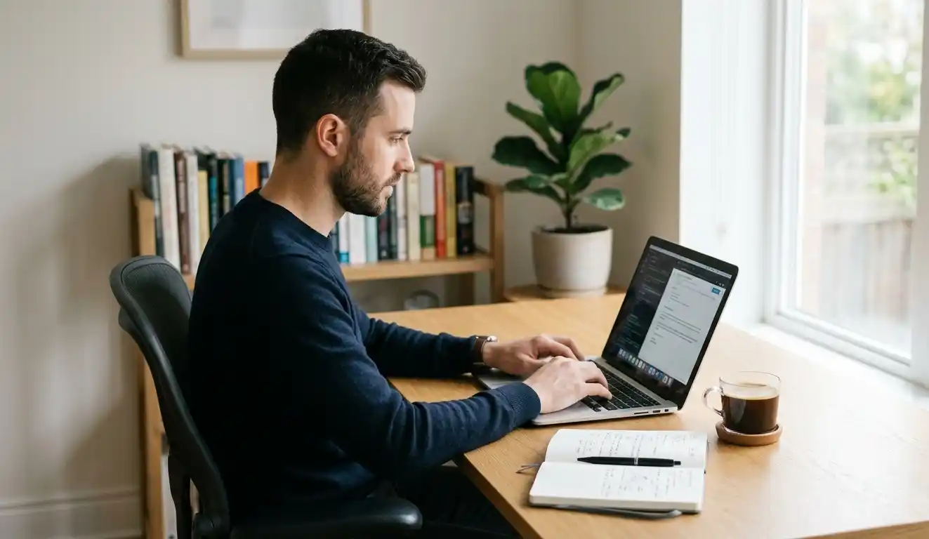 Man working with focus at a desk with coffee in natural daylight.
