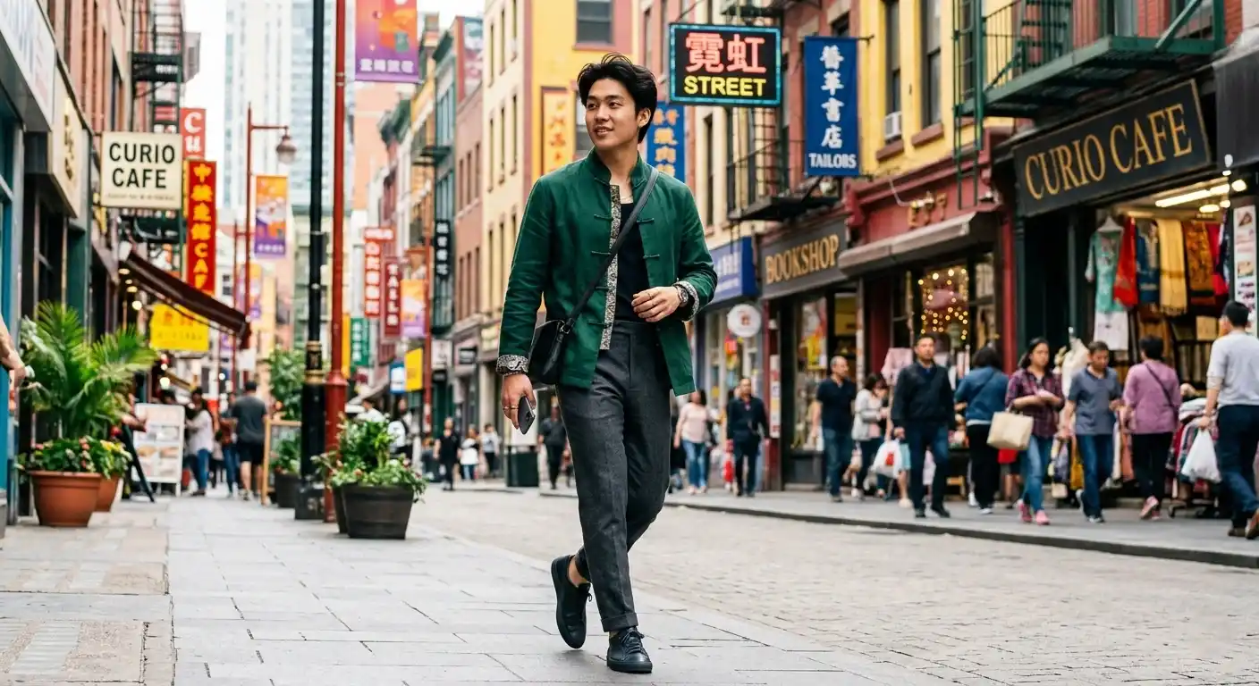 Modern outfit mixing Eastern-inspired jacket with Western trousers in a city.