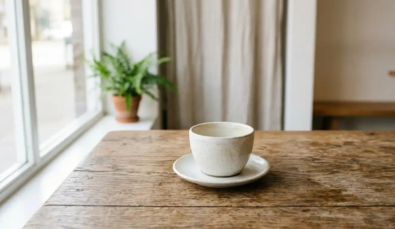 Empty coffee cup on table in soft natural light.