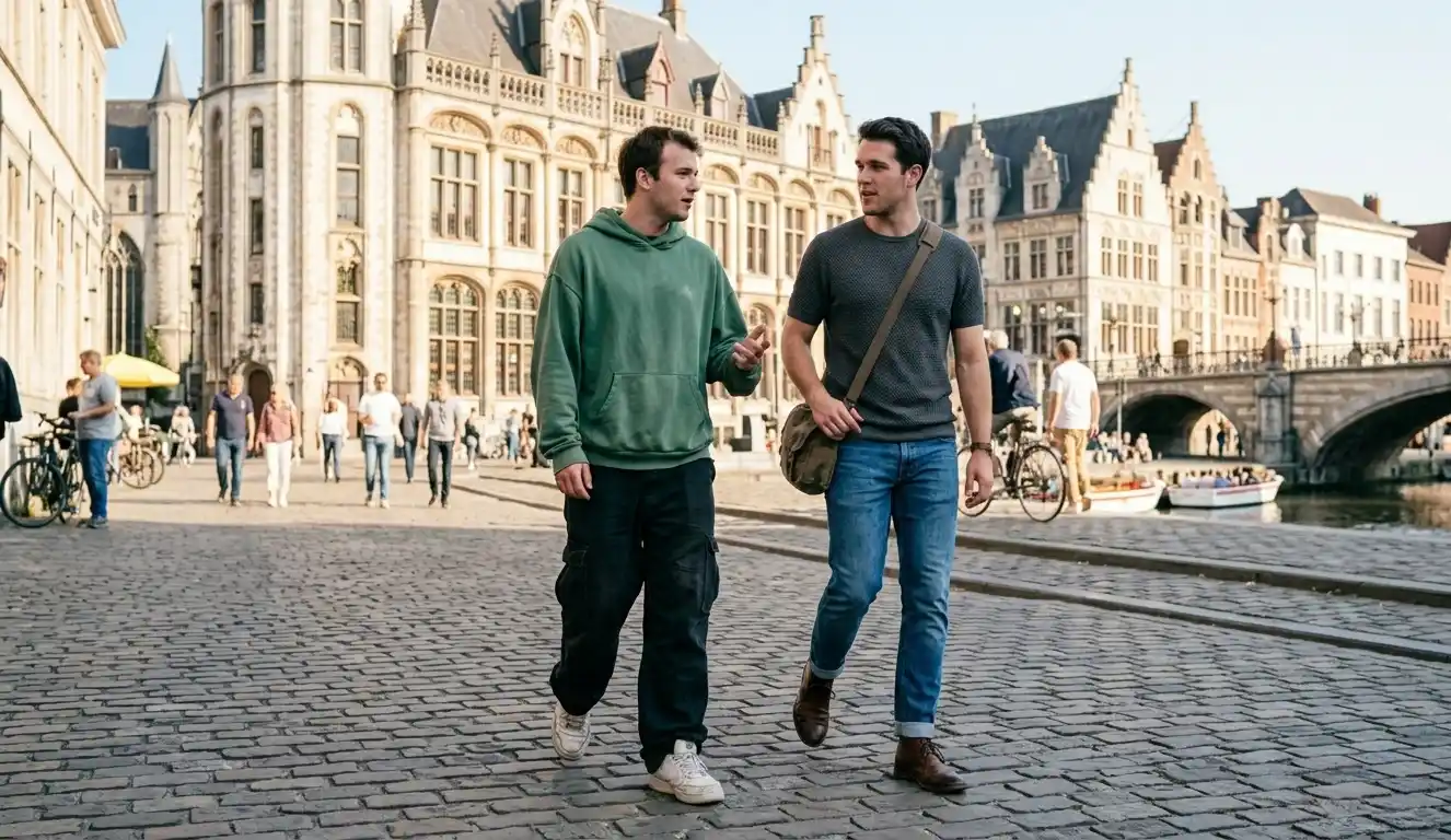 Two men with different clothing fit walking on the street.