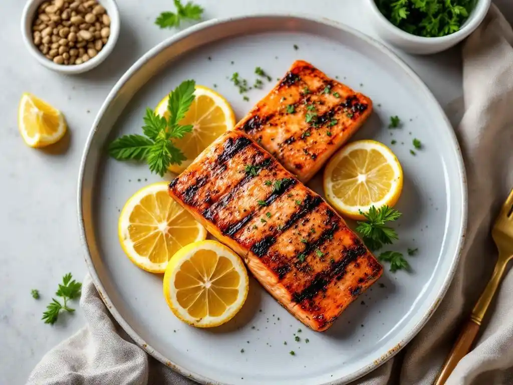 Grilled salmon served with lemon wedges and vinaigrette.