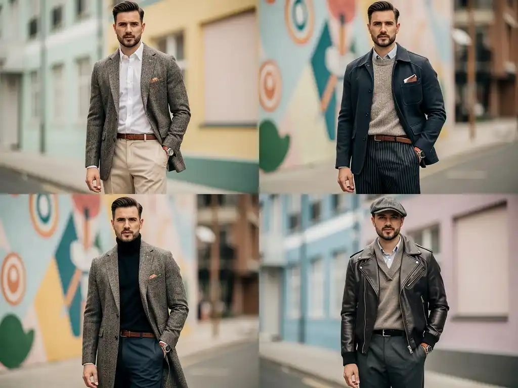 Multiple mens outfits showing different ways to style heritage details.