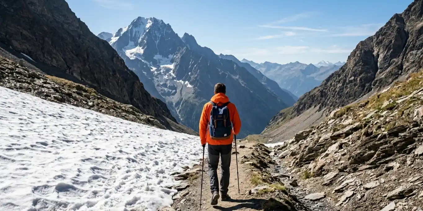 Hiker with backpack walking through alpine mountain pass with snow and rugged peaks.