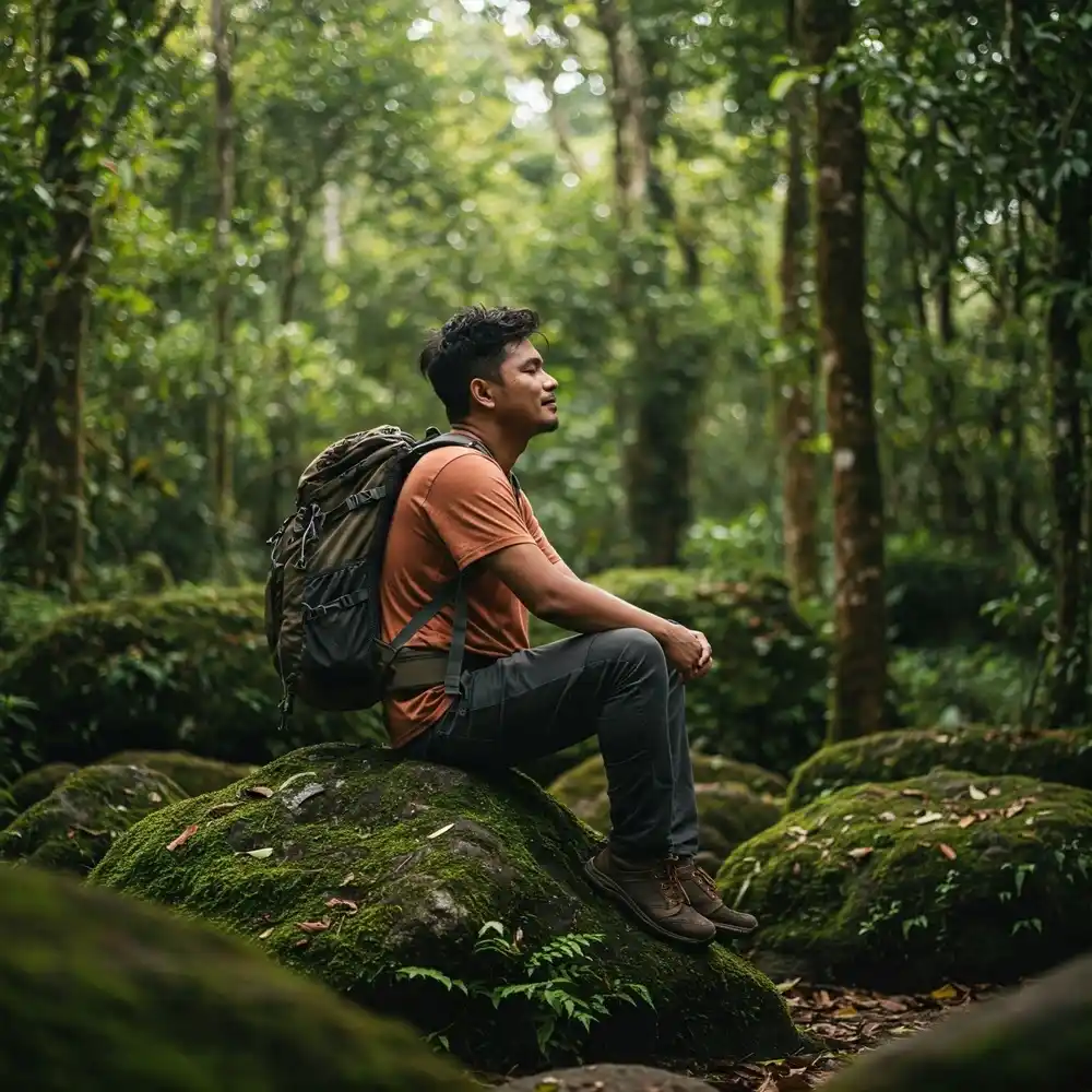 Hiker sitting on a mossy rock in a lush forest, resting and enjoying the peaceful surroundings.