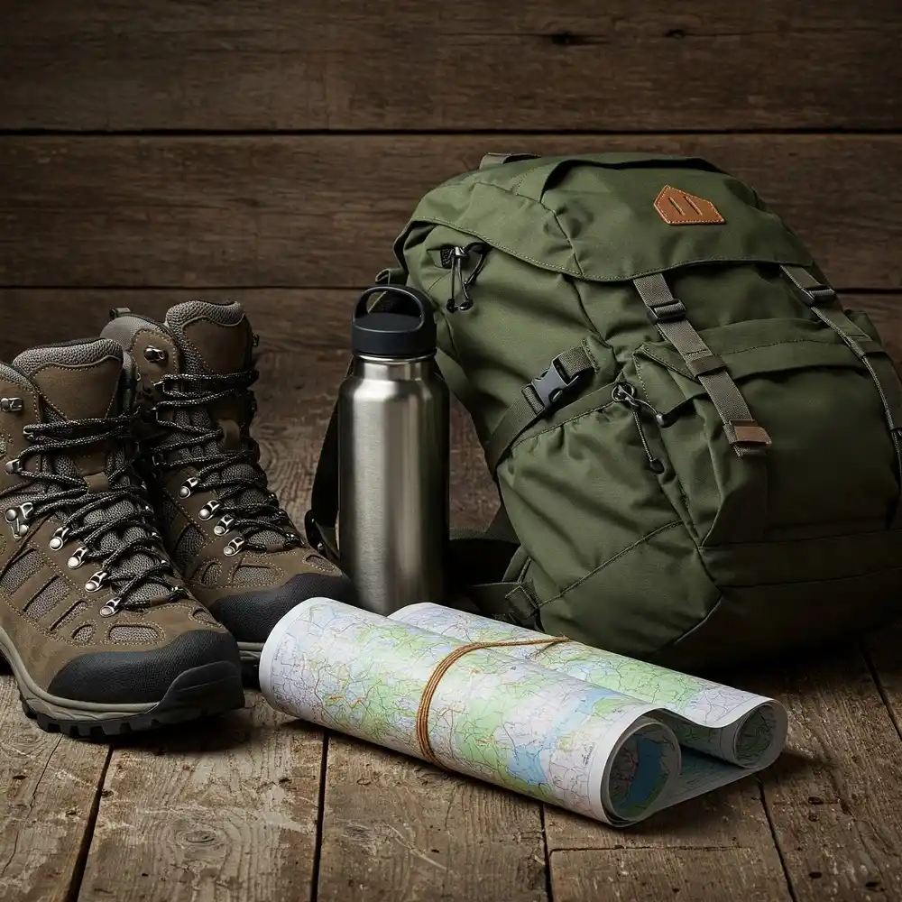 Hiking gear including backpack, boots, water bottle and map arranged on a wooden floor.