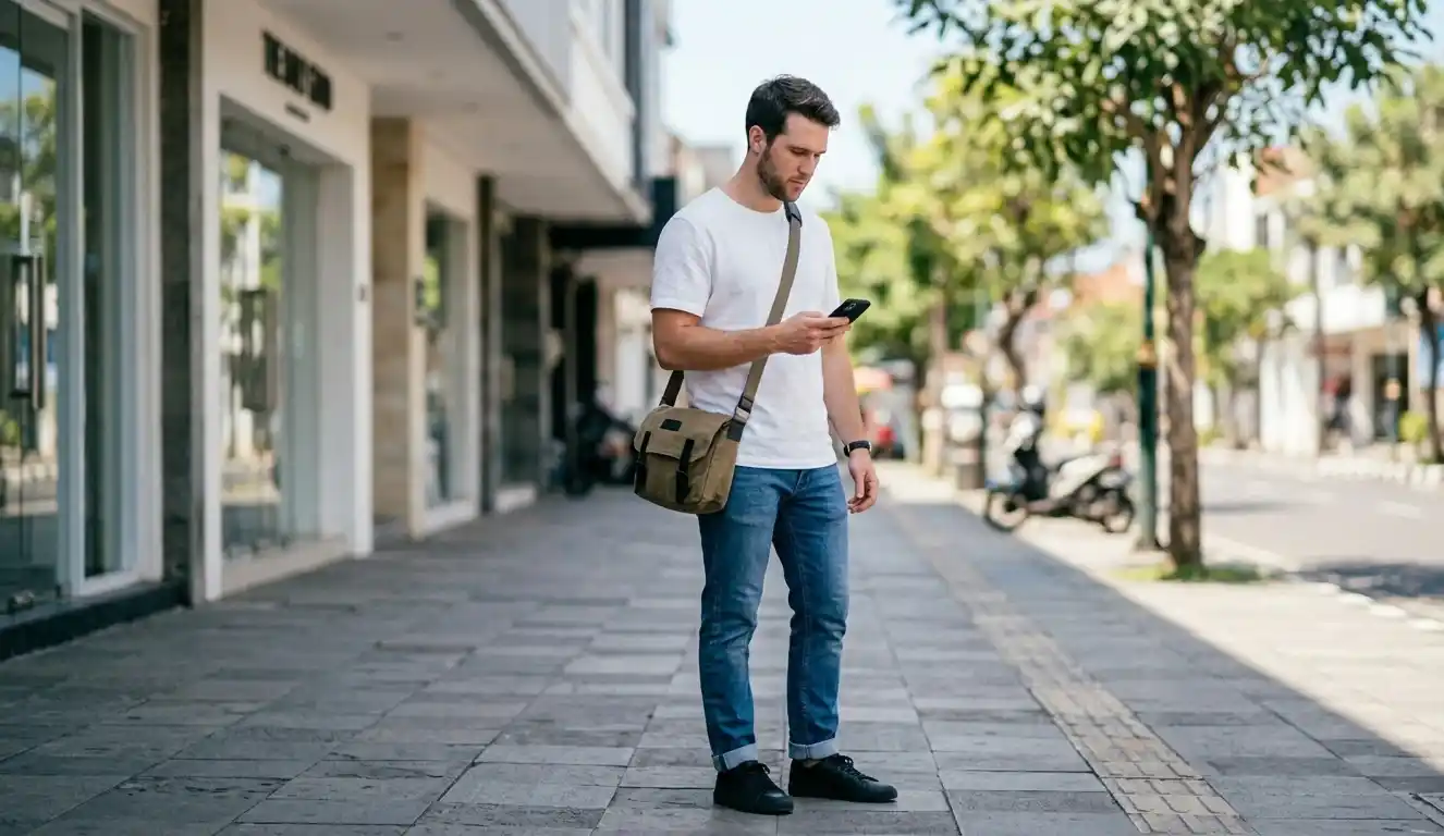 Man looking at his phone on a city street wearing a simple outfit.