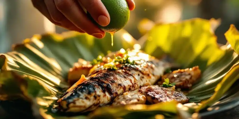 Perasan jeruk nipis di atas ikan bakar.