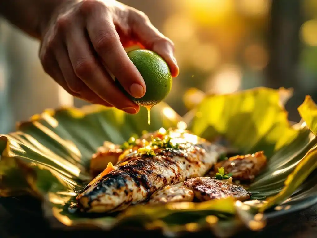 Perasan jeruk nipis di atas ikan bakar.