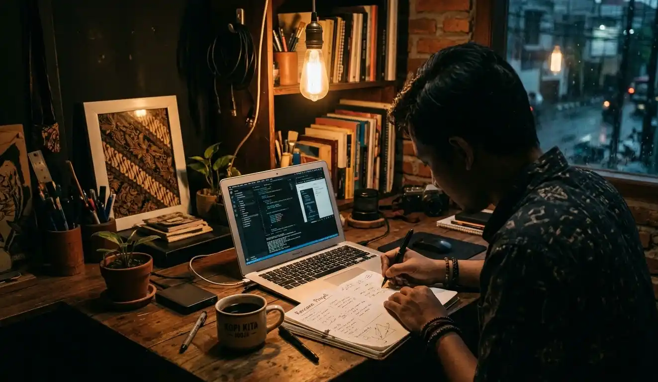Meja kerja dengan laptop dan secangkir kopi dalam pencahayaan redup saat malam hari.