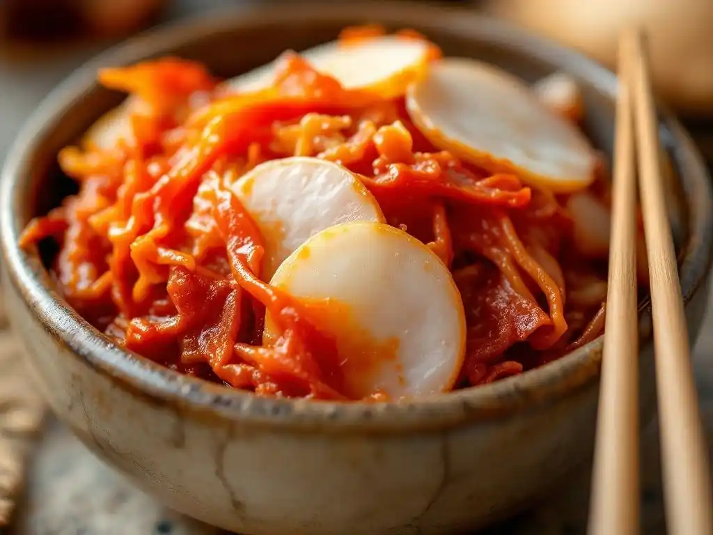 Bowl of Kimchi with chopsticks.