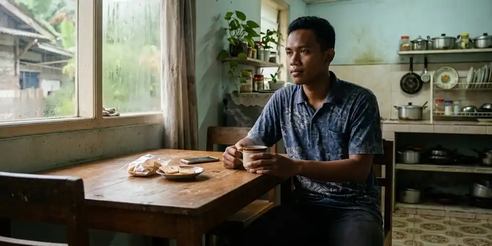 Seseorang duduk di meja dapur dengan secangkir kopi di pagi hari.