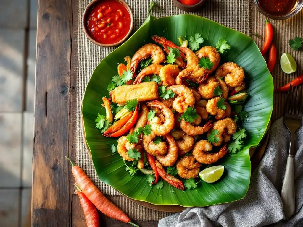 Makanan goreng dengan jeruk nipis dan sambal.