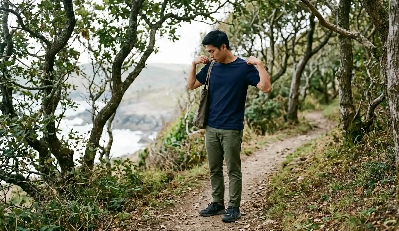 Man standing on a coastal path adjusting ill-fitting clothes with visible discomfort.