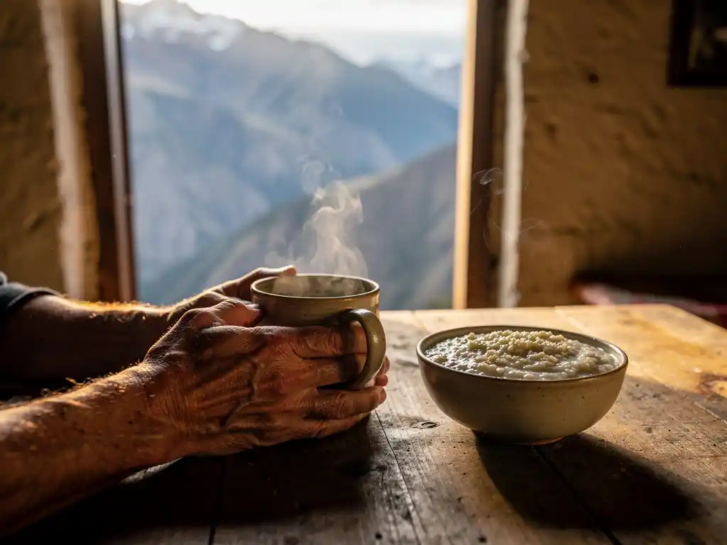 Steaming mug of mate de coca tea and bowl of quinoa porridge on a rustic table in the Andes.