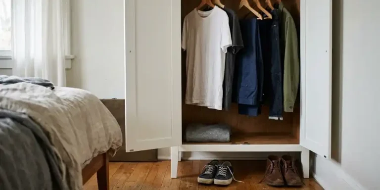 Minimal men’s wardrobe with essential clothing pieces in neutral colours.