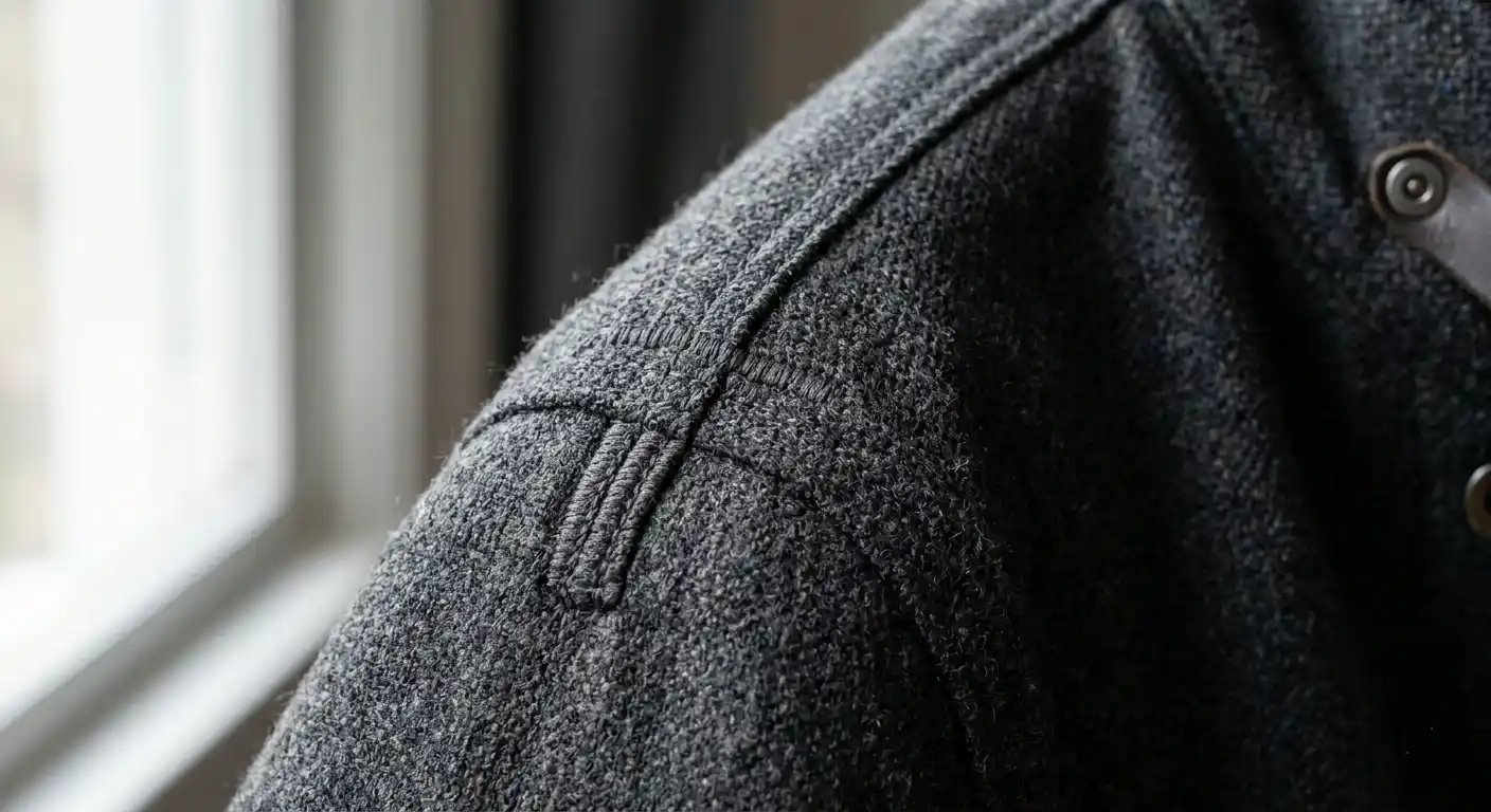 Close-up of reinforced stitching on a menswear garment.