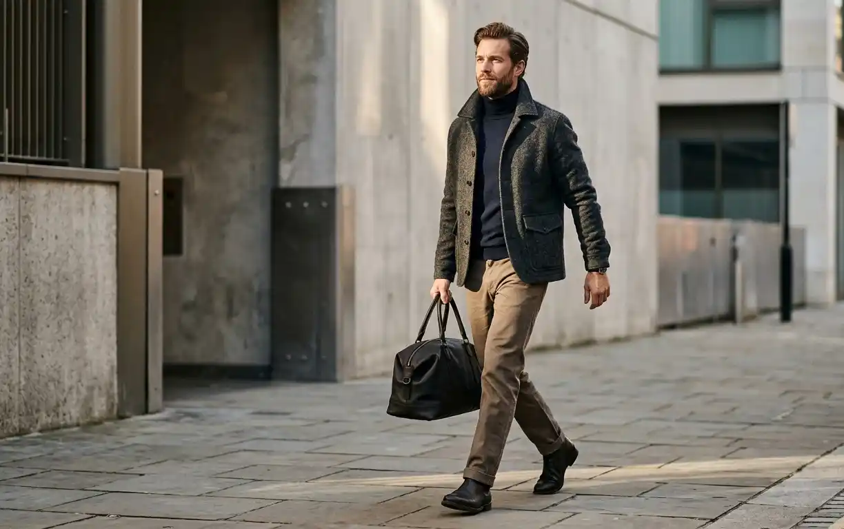 Man wearing textured menswear with fabric catching light and movement.