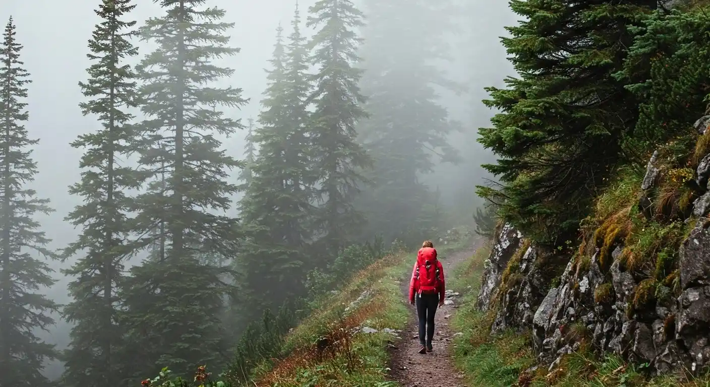 Hiker with a red backpack walking along a narrow trail through a misty forest with tall pine trees.