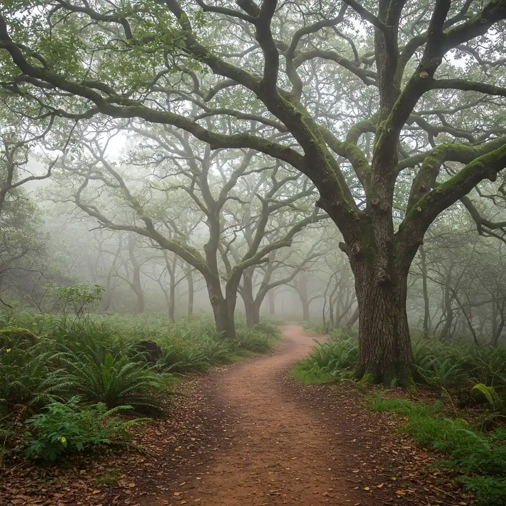 Winding dirt path through a misty forest with twisted trees and green undergrowth.