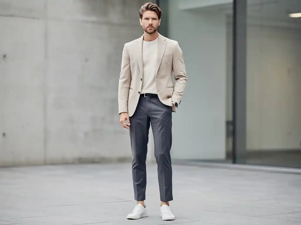 Man wearing modern minimalist menswear with subtle design details.