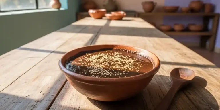 A clay bowl of mole sauce on a bright, sunlit wooden table with soft, colourful kitchen details in the background.