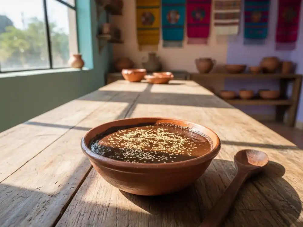 A clay bowl of mole sauce on a bright, sunlit wooden table with soft, colourful kitchen details in the background.