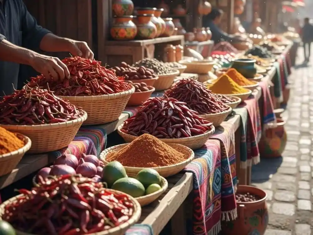 A sunlit market scene with baskets of spices, cacao and colourful textiles.