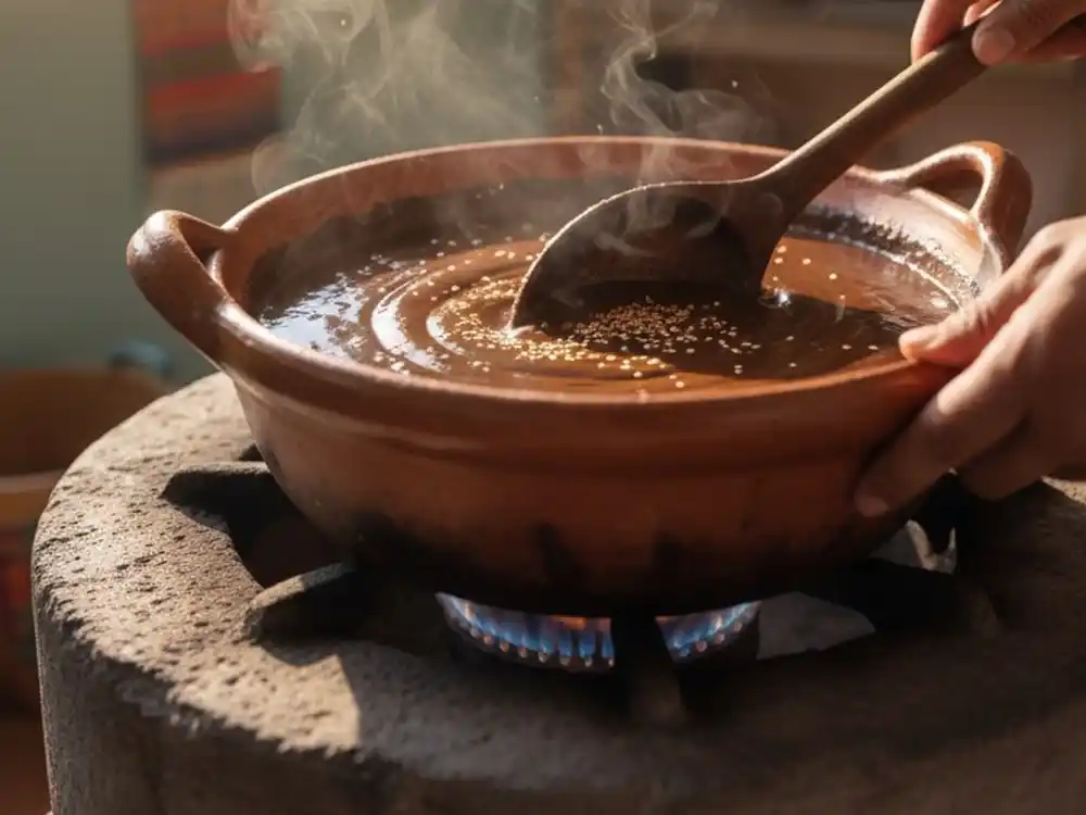 Hands stirring a pot of mole sauce in a bright, airy kitchen with sunlight streaming in.