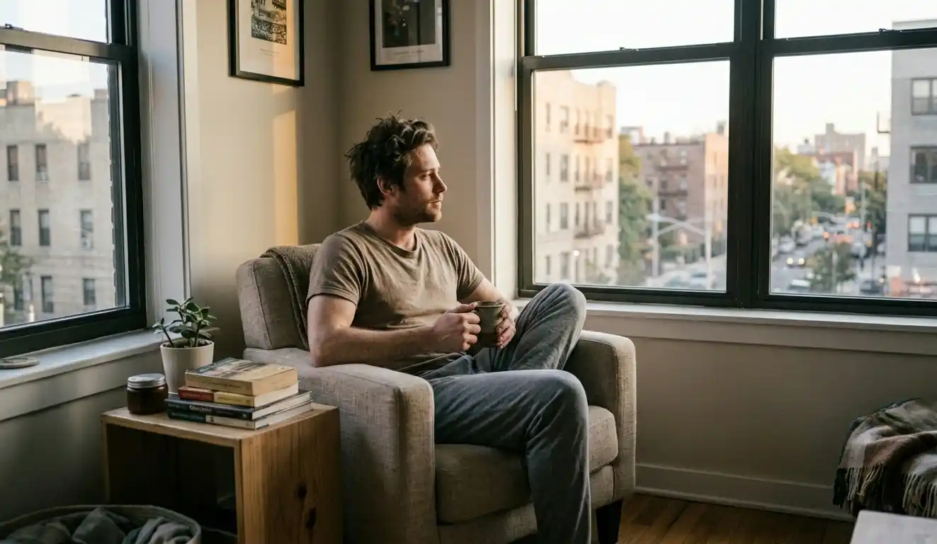 Man sitting by window with coffee in calm morning light looking relaxed.