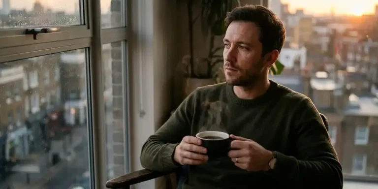 Man sitting by a window in soft morning light holding a steaming cup of coffee.