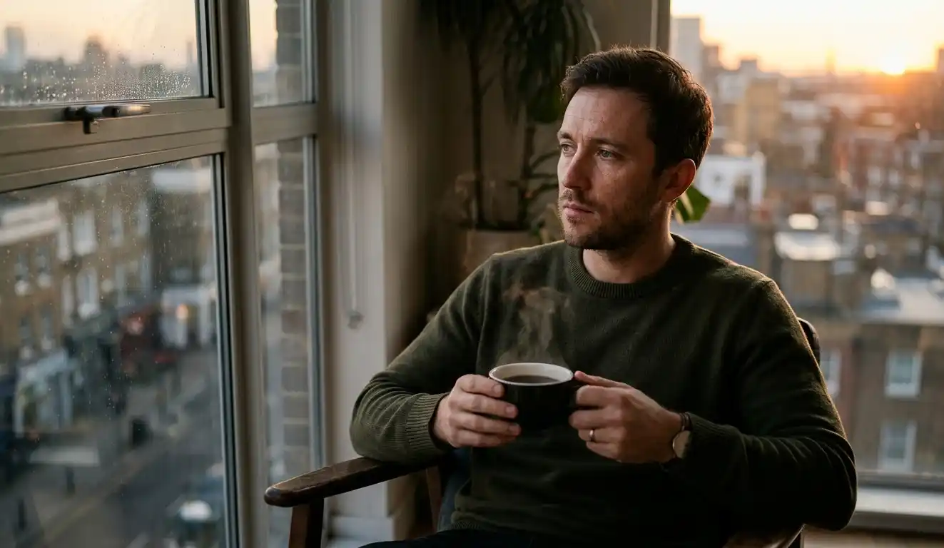 Man sitting by a window in soft morning light holding a steaming cup of coffee.