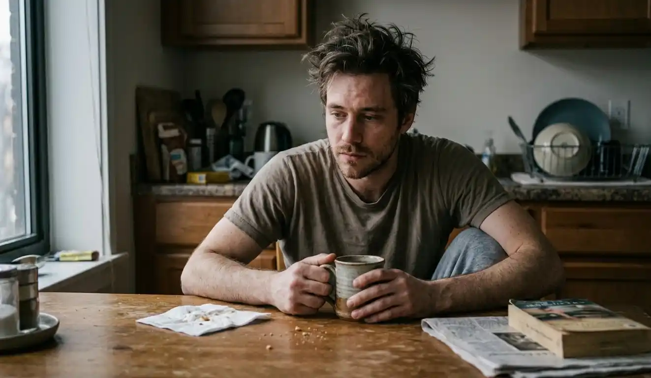Man sitting with coffee in quiet morning light at home looking thoughtful.