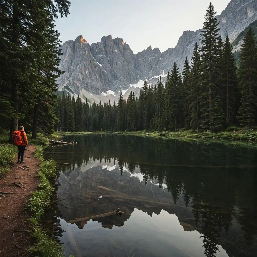 Hiker with a backpack walking along a forest trail beside a calm mountain lake with reflections of pine trees and rocky peaks.
