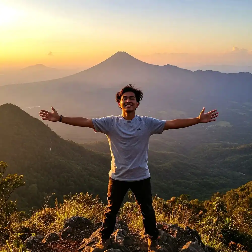 Hiker standing on a mountain summit at sunrise with arms wide open overlooking a vast valley and distant peaks.